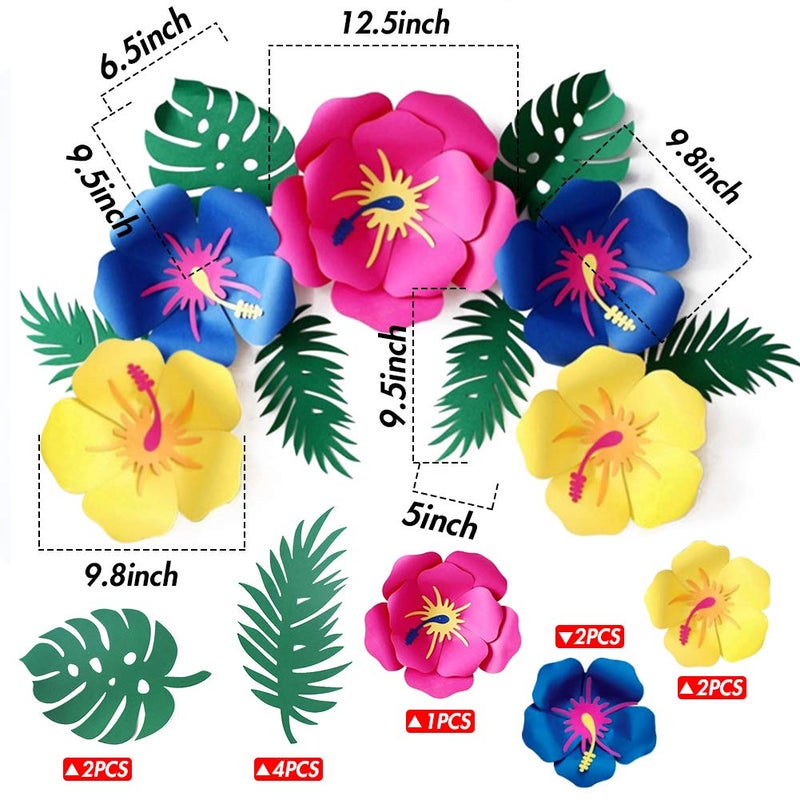 DomeStar Paper Flower Decorations, Luau Hibiscus and Tropical Leaves Multi-Colored Hibiscus Artificial Flowers Mexican Decorations for Hawaiian Party Aloha Party - Image 2